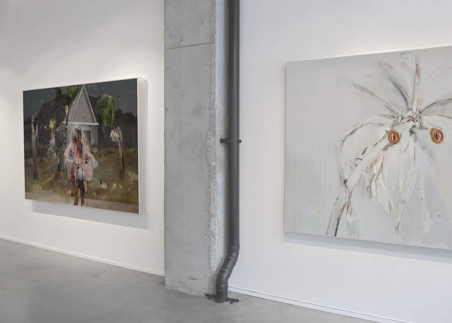 Alex Fischer, LEFT: Cookes Cape, 2010. RIGHT: Parrots, 2011. Install photo Beyond The Fall, Galerie BAC